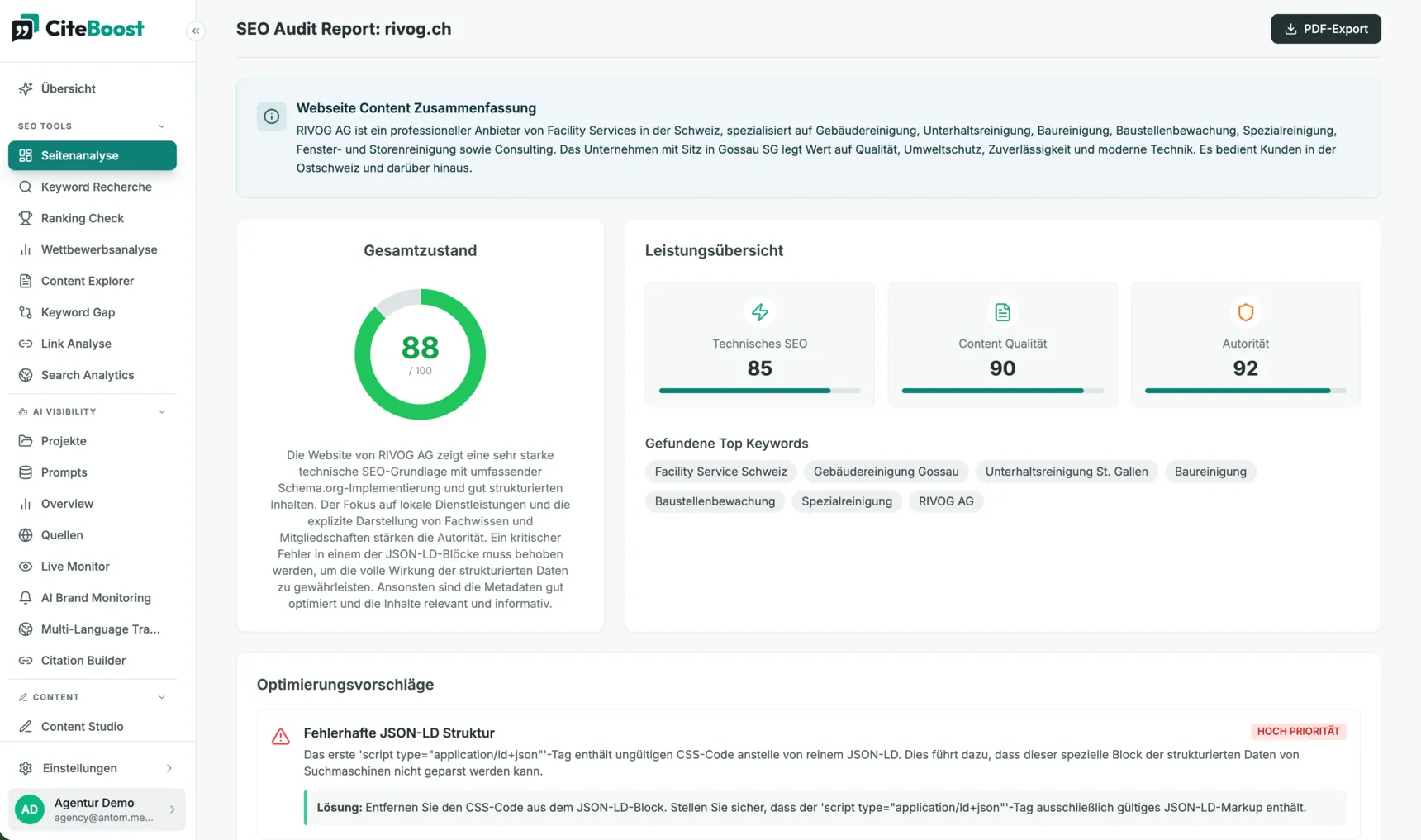 CiteBoost Seitenanalyse mit Gesamtzustand, Leistungsübersicht und Optimierungsvorschlägen