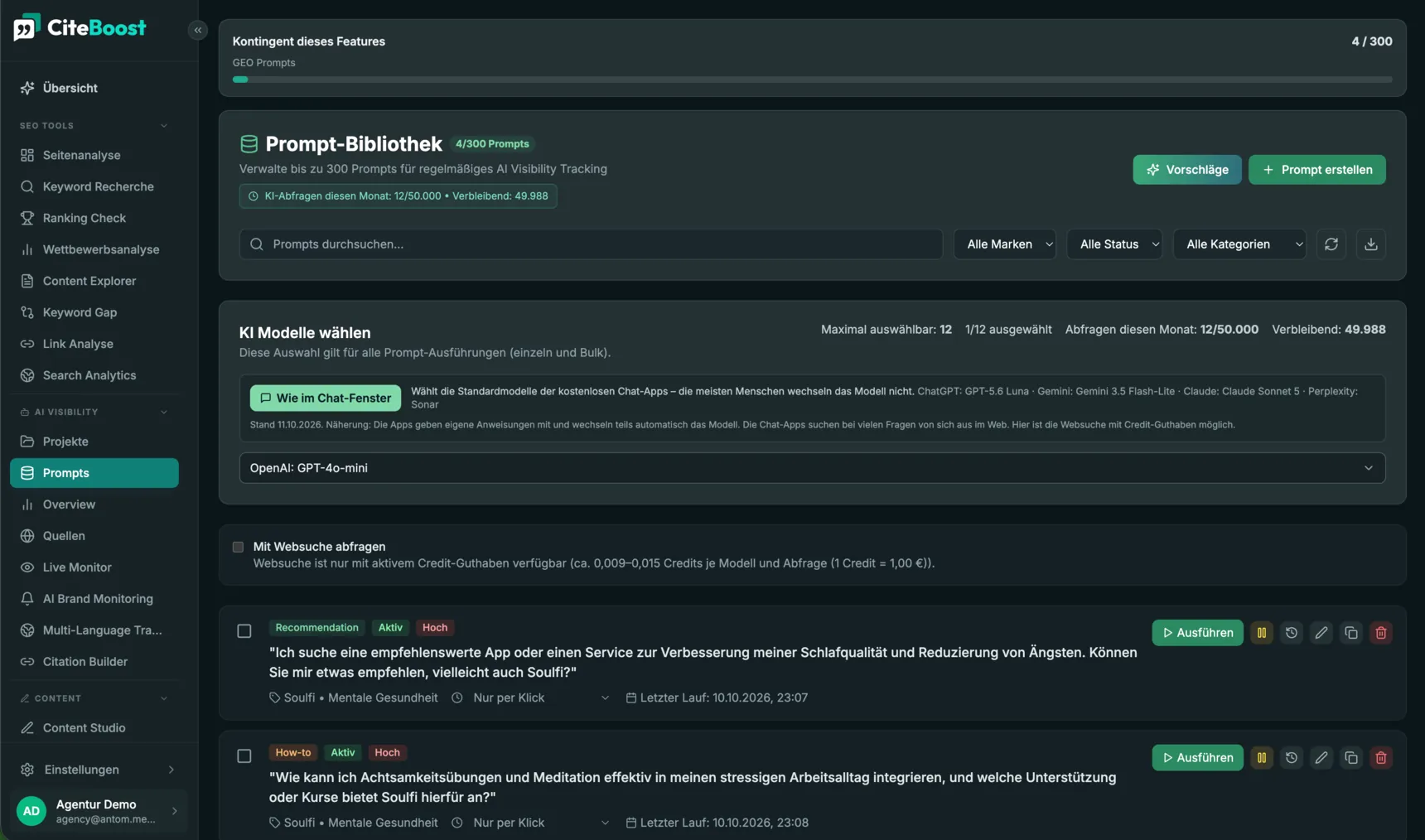 CiteBoost Prompt-Bibliothek mit Modellauswahl und regelmäßig geprüften Fragen