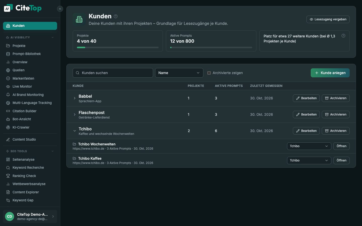 Kunden-Bereich in CiteTop: Kunden einer Agentur mit Projekten, Prompts und letzter Messung