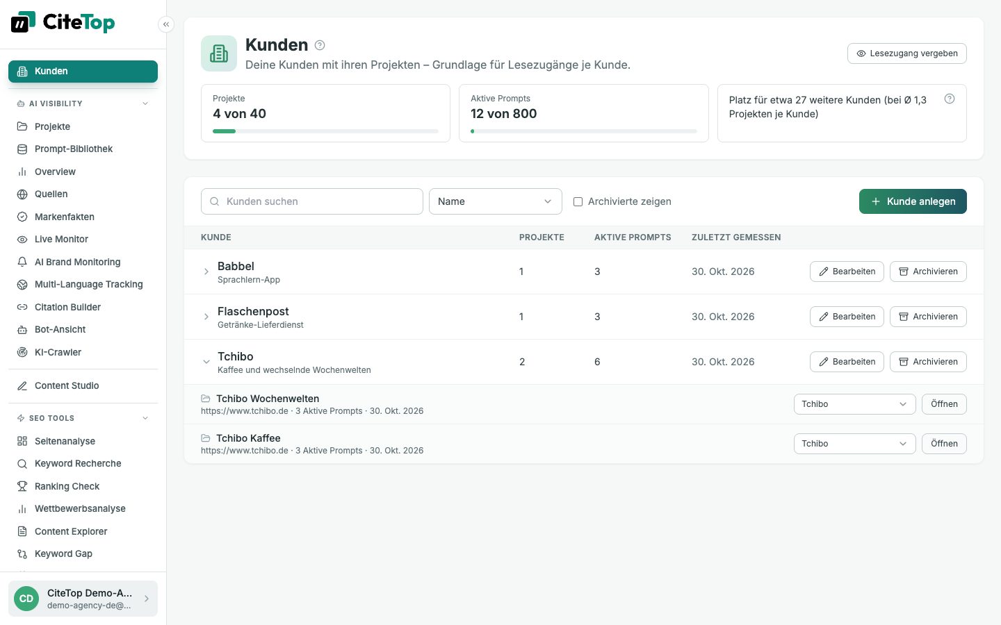 Kunden-Bereich in CiteTop: Kunden einer Agentur mit Projekten, Prompts und letzter Messung
