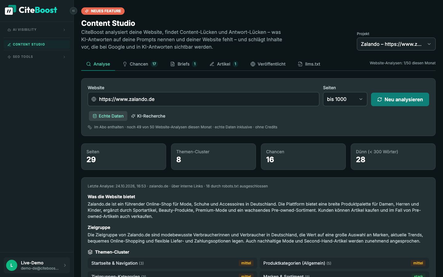 Content Studio in CiteTop: Website-Analyse von zalando.de mit Seiten, Themen-Clustern und Chancen