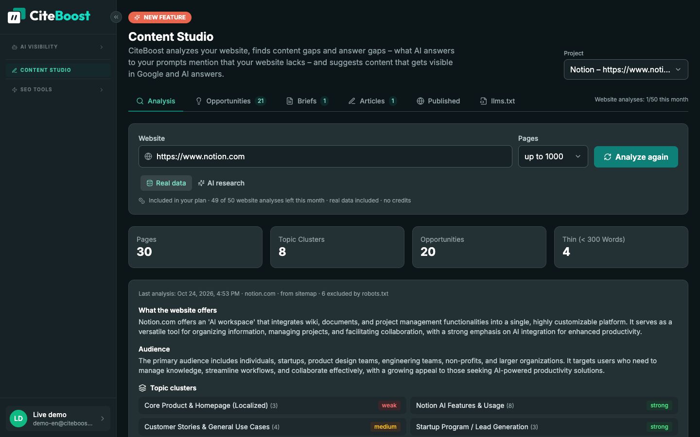 Content Studio in CiteTop: website analysis of notion.com with pages, topic clusters and opportunities