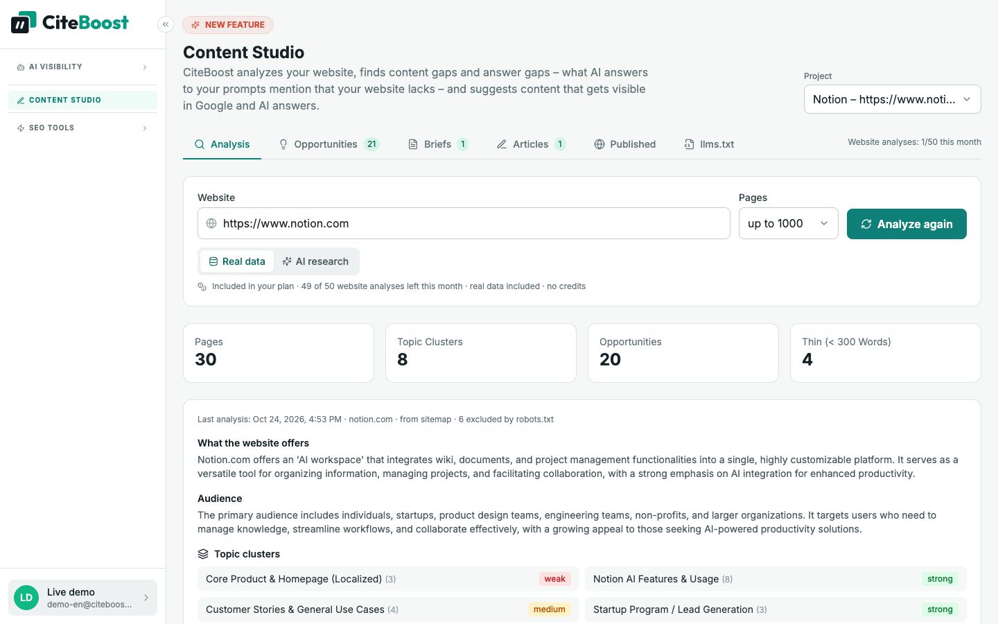 Content Studio in CiteTop: website analysis of notion.com with pages, topic clusters and opportunities