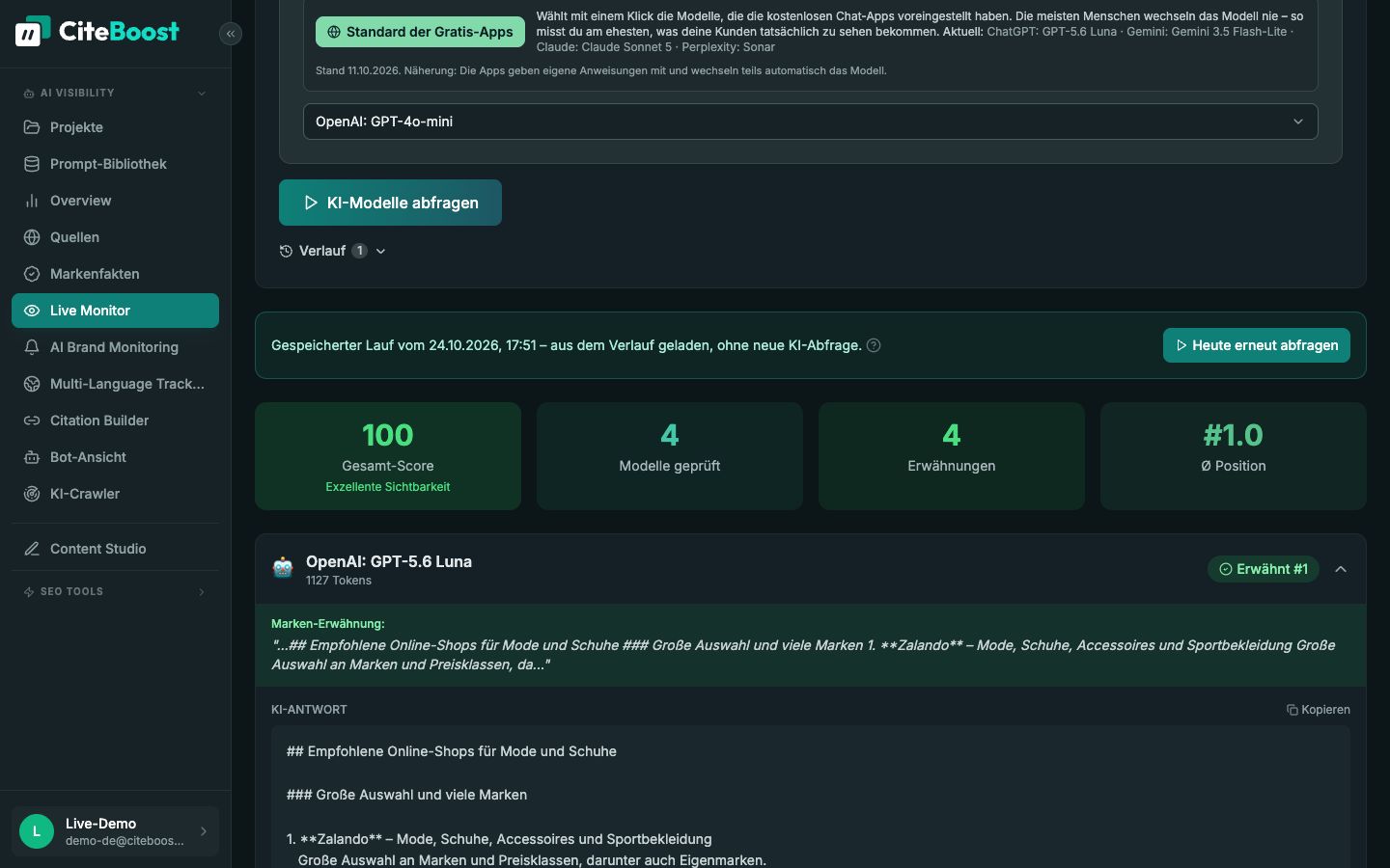 Live Monitor in CiteTop: Abfrage zu Online-Shops für Mode und Schuhe mit vier KI-Modellen