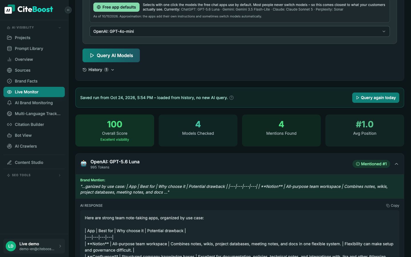 Live Monitor in CiteTop: query about note-taking apps for teams with four AI models
