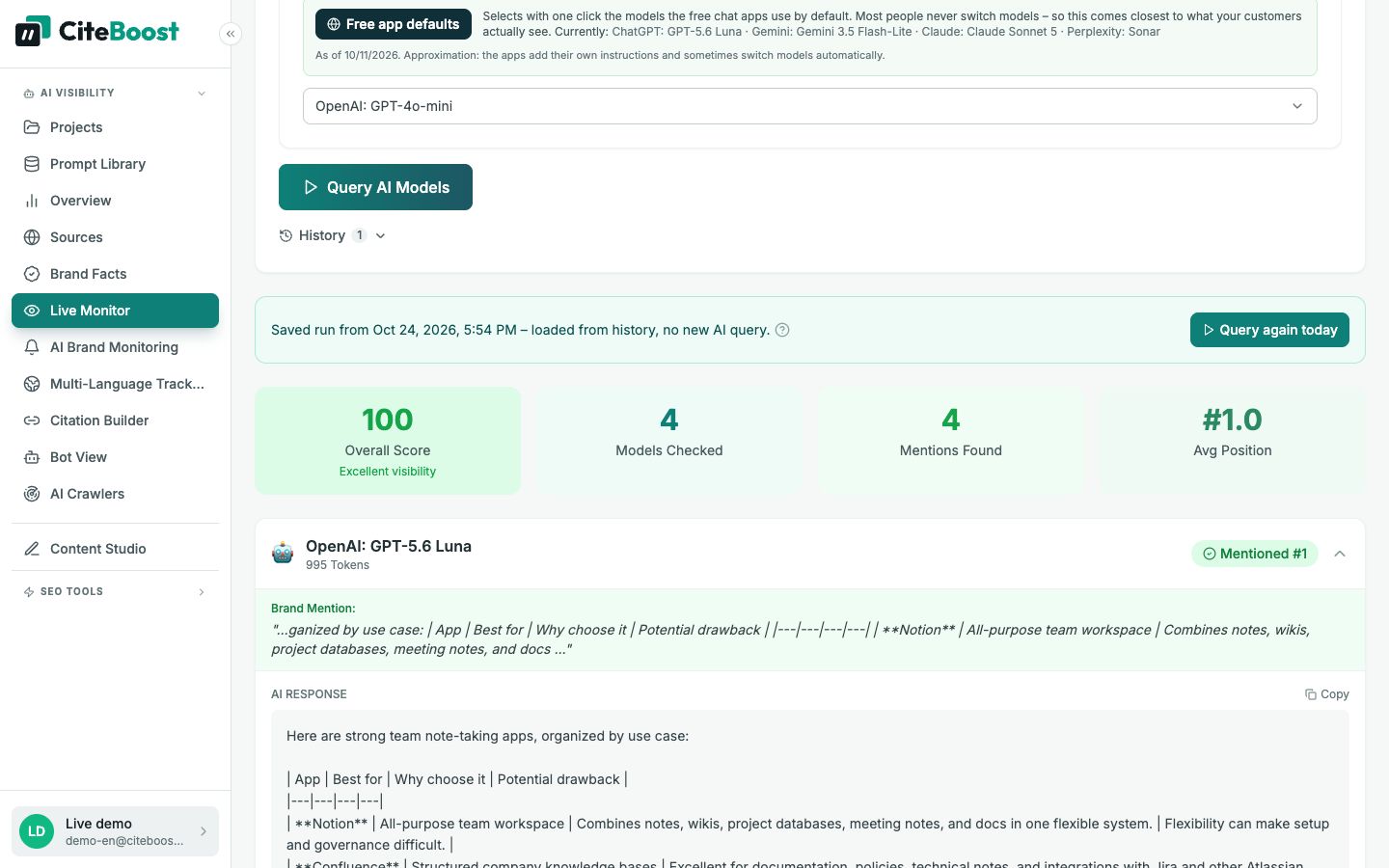 Live Monitor in CiteTop: query about note-taking apps for teams with four AI models