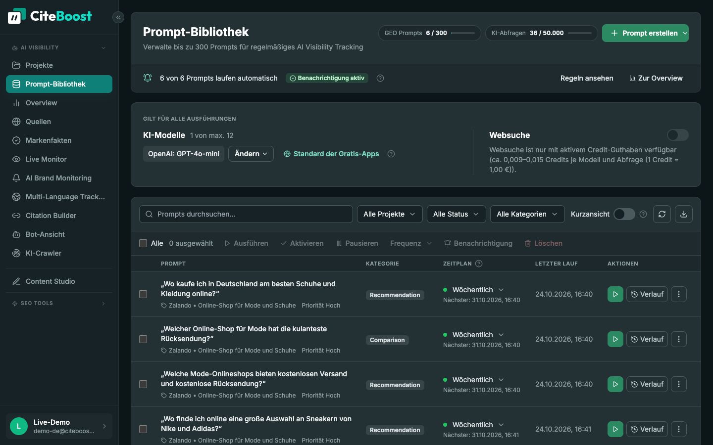 Prompt-Bibliothek in CiteTop: Fragen zu Online-Mode mit wöchentlichem Zeitplan und letzten Läufen