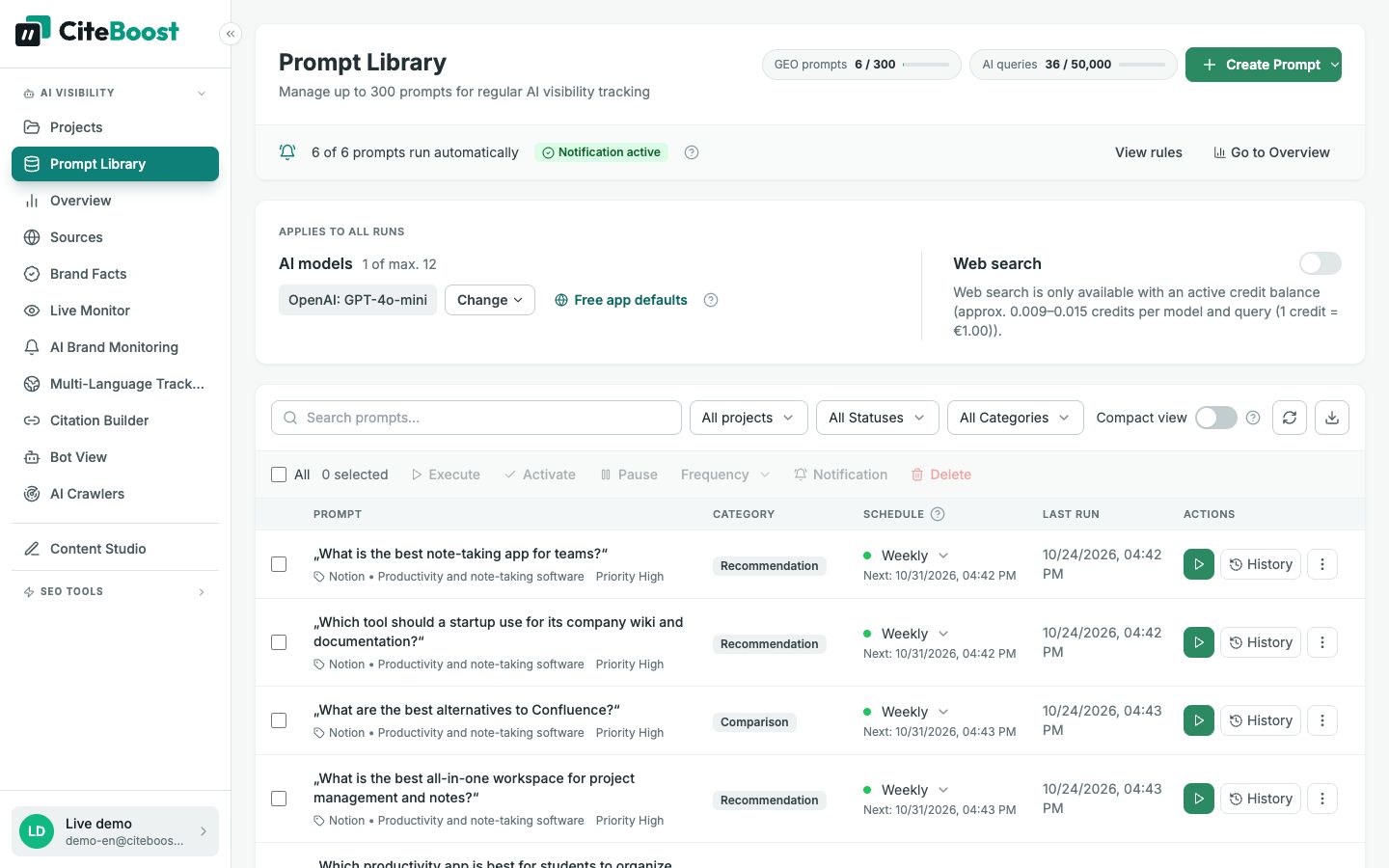 Prompt library in CiteTop: questions about note-taking apps with weekly schedule and latest runs